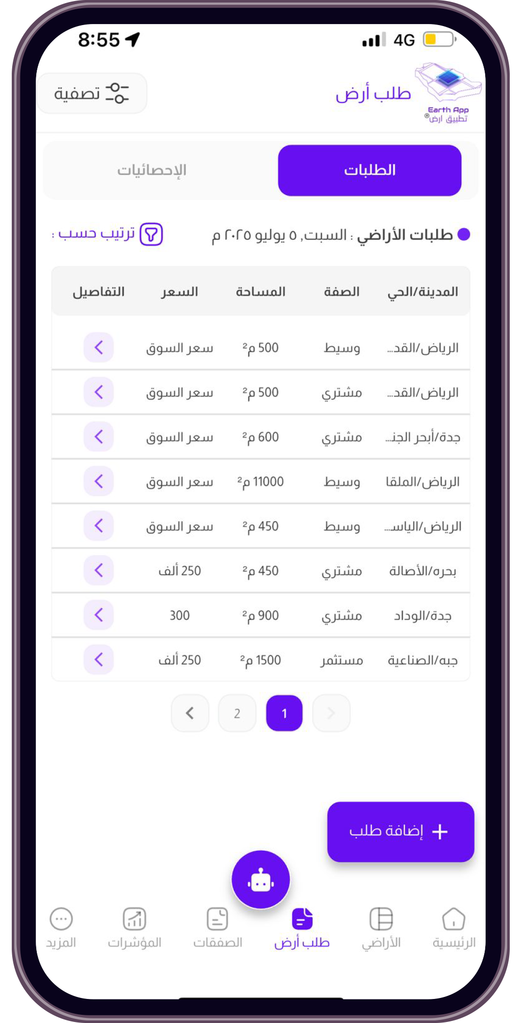 طلبات الأراضي من تطبيق أرض